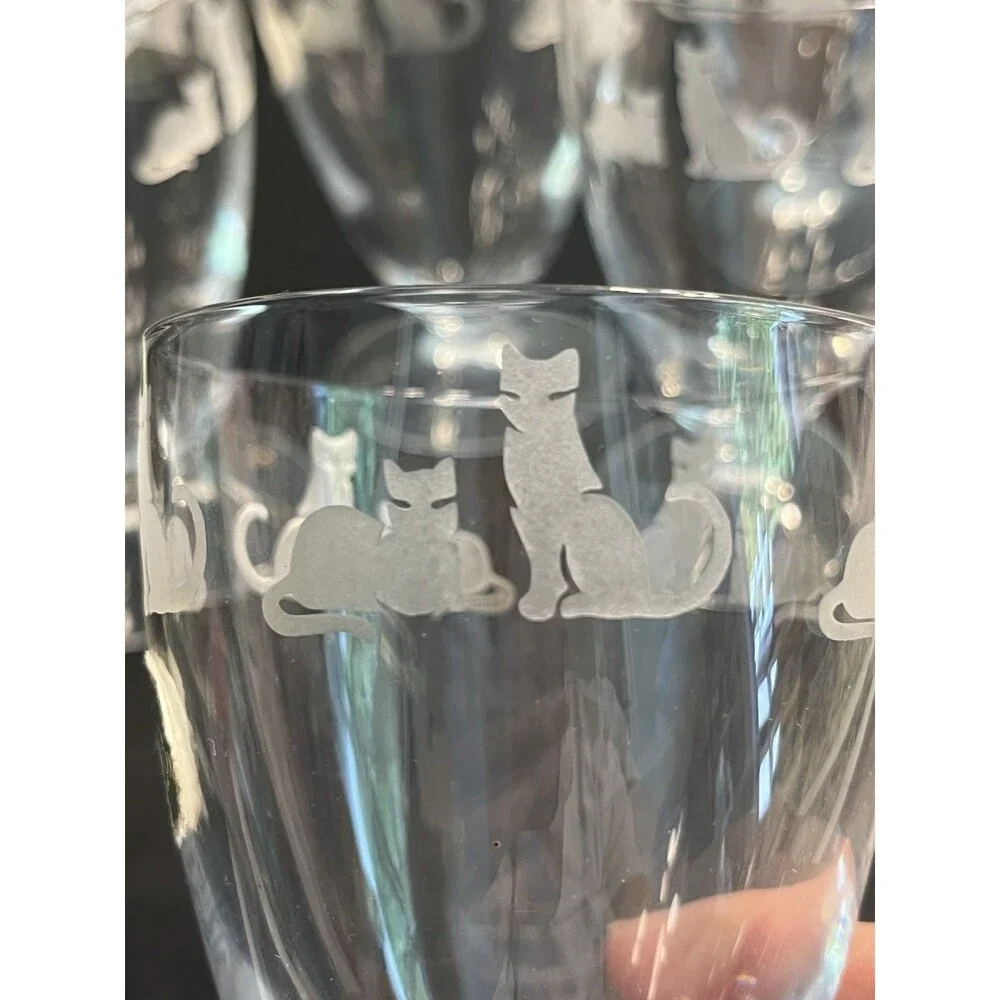 6pc Lenox Crystal Clear Etched Frosted Kitten Cat Dessert Water Footed Glasses